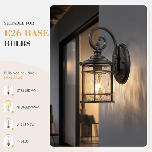Emliviar Outdoor Lights for House, Outdoor Sconce Lights with Water Ripple Glass in Black Finish, XE229BWG-S BK - Image 3
