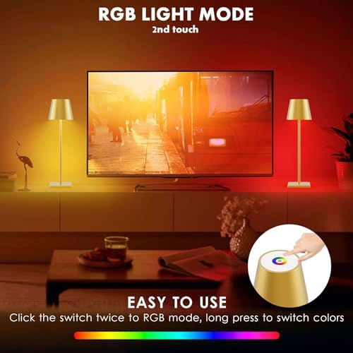 Cordless Table Lamp 5000mAh LED Rechargeable Lamp Gold RGB, 2-Pack - Image 3