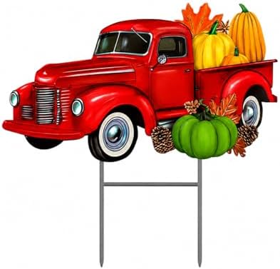 Garden Yard Stake Decor Vintage Truck Metal Colorful Fall Outdoor Decor Entry Front Backyard Home Business 22" x 22" (Red Truck W Fall Pumpkins) by STC+World