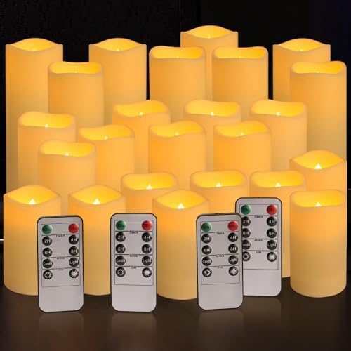 YOROXRG Set of 24 Waterproof Outdoor Flameless Candles, LED Candles with 4 Remote and Timer,(H 4" 5" 6" x D 2.2"),for Halloween Wedding Festiv by YOROXRG