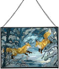 Foxes Playing in Snowy Clearing Rectangular Stained Glass Suncatcher – Hanging Window Panel with Animal & Nature Scene – Vibrant Glass Art Gift for Wildlife, Fantasy, Nature Lovers W0Z774 by Custom