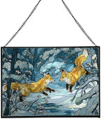 Foxes Playing in Snowy Clearing Rectangular Stained Glass Suncatcher – Hanging Window Panel with Animal & Nature Scene – Vibrant Glass Art Gift for Wildlife, Fantasy, Nature Lovers W0Z774 by Custom