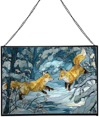 Foxes Playing in Snowy Clearing Rectangular Stained Glass Suncatcher – Hanging Window Panel with Animal & Nature Scene – Vibrant Glass Art Gift for Wildlife, Fantasy, Nature Lovers W0Z774 by Custom