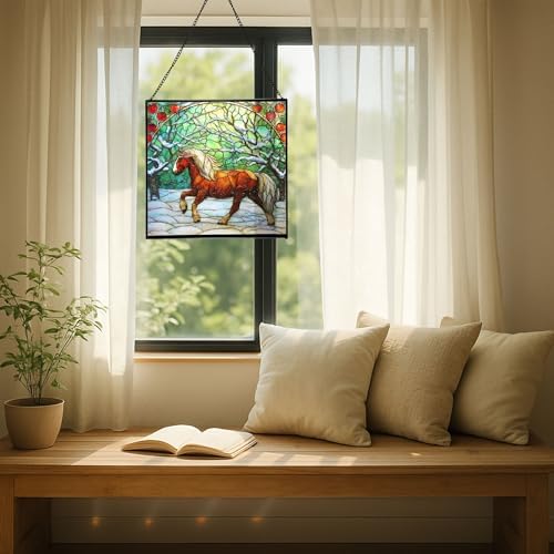 Brown White Icelandic Horse cantering through winter orchard Square Suncatcher–Stained Glass Style Window Panel with Pastoral Scene, Custom Decorative Hanging Art for Equestrian Home, Christmas CamhTa - Image 7