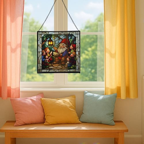 Gnome Storyteller Stained Glass Suncatcher – Square Hanging Window Panel for Home, Garden, Nursery, Halloween, Christmas, Memorial Day – Whimsical Glass Art Gift for Gnome Lovers 6ue5qx - Image 5