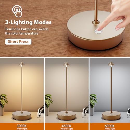 2Pack Rechargeable Cordless Table Lamp, Portable Powered LED Battery 6000mAh Metal USB Desk Lamp, 3 Levels Brightness Light for Restaurants Outdoor (2pack Titanium) - Image 3