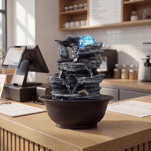 Giantex Tabletop Water Fountain with Rotating Crystal Ball & LED Lights, Tiered Rock Waterfall with Pump, Zen Meditation Desktop Decor for Office, Home Relaxation (Layered Bowl Cascade) - Image 2