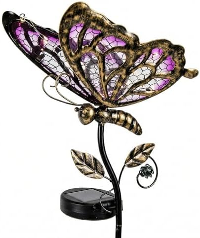 Solar Butterfly Garden Stake Light, Hand-Painted Pink Glass, 36in by BAIRAYEN