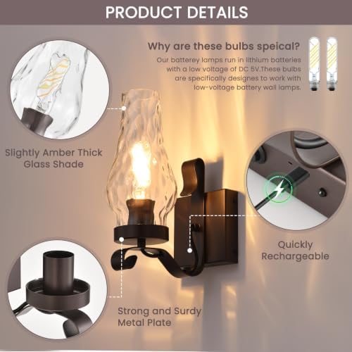 Vintage Battery Operated Wall Sconces Set of 2, Rustic Wall Lights - Image 4