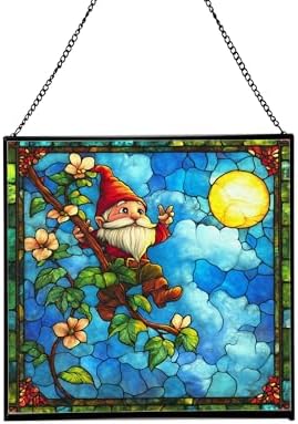 Glowing Vine Gnome Stained Glass Suncatcher – Square Hanging Window Panel for Home or Greenhouse – Whimsical Glass Art Gift for Garden Lovers, Christmas, Halloween, Father Days nPLiIr by Custom