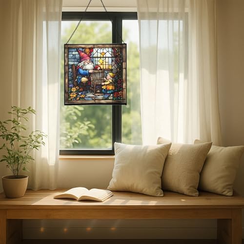 Gnome Weaving Stained Glass Suncatcher – Square Hanging Window Panel for Home, Garden, Nursery, Halloween, Christmas, Memorial Day – Whimsical Glass Art Gift for Gnome Lovers dvs12p - Image 7