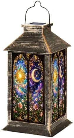 Solar Hanging Lantern Sun Moon Stained Glass Floral Gothic Window Celestial Night Sky Ornate Waterproof LED Lights Decor Patio Yard Lawn Porch Lamp, Birthday Gift for Mom Women Garden Outdoor Decor by Unknown