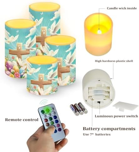 Easter Eggs Flameless Candles Bulk Set of 4 Battery Operated Candles with Remote and Timers Cross Dove Printed Flickering LED Lights for Easter Day Home Room Party Decor - Image 2