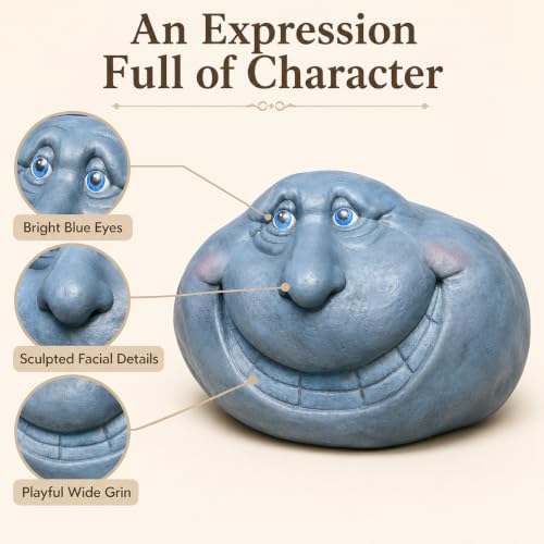 Funny Rock Garden Statue, Gray Stone-Look with Blue Eyes and Wide Grin - Image 2
