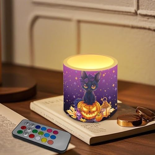 Black Cat Pumpkin Flameless Light Candle Battery Operated Candles with Color Changing Timer Remote Control Fake Pillar Candles for Hallowe'en Decoration - Image 3