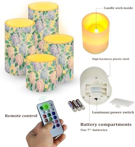 Flameless Candles with Remote and Timers Hydrangea Floral Flickering Battery Operated Candles 4 Pack Flameless LED Pillar Lights for Home Decoration - Image 2