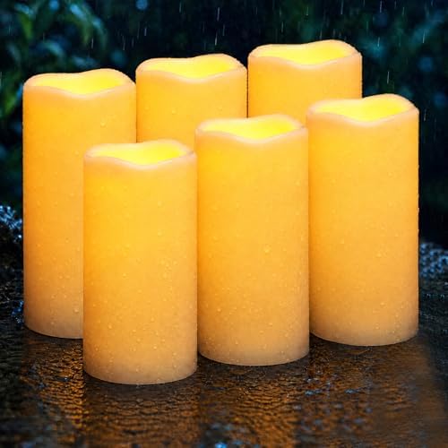 Homemory Outdoor Waterproof Flameless Candles with Auto Light Sensor, Flickering LED Pillar Candles, Dusk to Dawn Battery Operated Fake Candles Lanterns, Porch, Patio, Garden Decor, Set of 6 by Homemory