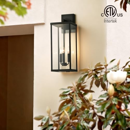 mirrea 24" Classic Outdoor Wall Sconce 3 Lights in Matte Black Rectangular Metal Frame and Clear Glass Shade Waterproof Porch Light Patio Light Pack of 2 - Image 4