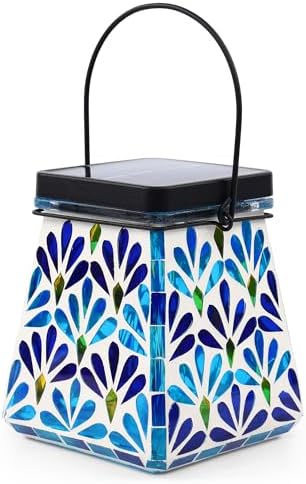 VOREEN Mosaic Solar Lantern, Colorful Mosaic Glass Decorative Lantern for Outdoor Garden & Patio, Tabletop or Hanging Solar Powered Light, Blue Petal Mosaic Design - Image 2