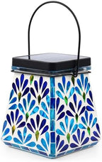 VOREEN Mosaic Solar Lantern, Colorful Mosaic Glass Decorative Lantern for Outdoor Garden & Patio, Tabletop or Hanging Solar Powered Light, Blue Petal Mosaic Design - Image 2