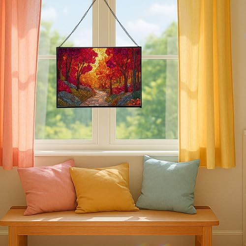 Path Through Glowing Autumn Forest Rectangular Stained Glass Suncatcher – Hanging Window Panel with Animal & Nature Scene – Vibrant Glass Art Gift for Wildlife, Fantasy, Nature Lovers nmbDYO - Image 5