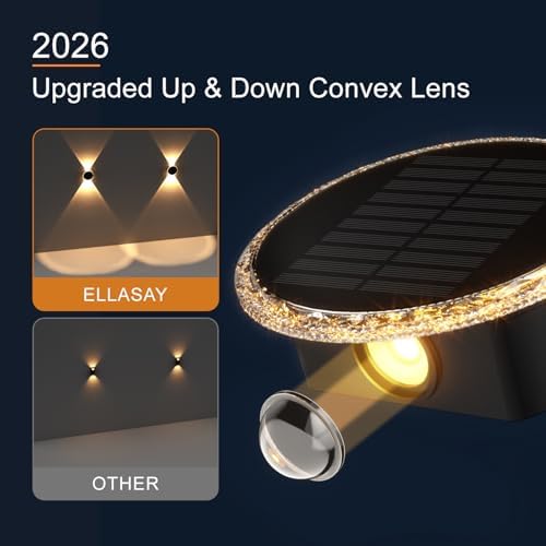 Ellasay Solar Fence Lights Outdoor: 360° Circular Lighting Solar Powered Wall Lights 12 Hours Long Runtime Up and Down Waterproof IP65 & 3 Modes High Brightness LED Focus Lens for Fence/Yard - 6 Pack - Image 4