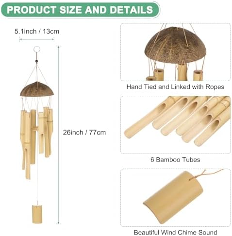 M METERXITY 1-Pack Bamboo Wind Chimes, 30 Inch Wooden Wind Chimes with Melody Deep Tone, 6pcs Bamboo Tubes, Wood Color - Image 2