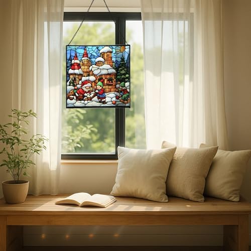 Gnome with Snow Fort Stained Glass Suncatcher – Square Hanging Window Panel for Home, Garden, Nursery, Halloween, Christmas, Memorial Day – Whimsical Glass Art Gift for Gnome Lovers l8j02f - Image 7