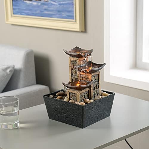 GOSSI Indoor 3-Tier Tabletop Water Fountain with Soothing Sound, Simulation Stone Pillar Design, Natural River Rocks, Reflective Lighting for Meditation and Relaxation - Image 2