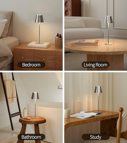 UME 3 Pack Cordless Table Lamp, Battery Operated Lamp - Portable Waterproof Rechargeable Table Lamp w/ 3 Color Temps & Stepless Dimming for Dinner, Desk, Cafe, Outdoor (Brushed Silver) - Image 7