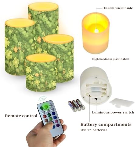 Set of 4 Flameless Candles with Remote St Patrick's Day Shamrocks LED Candles with Timer Flickering Battery Operated Elictric Pillar Lights for Indoor Outdoor Porch Home Decor - Image 2