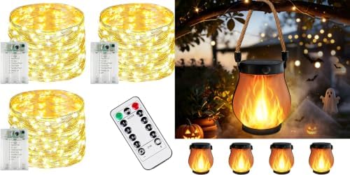 YIQU 3 PK 78FT 240LED Fairy Lights Battery Operated with Timer Remote Warm White 4 Pack Gen2 Solar Lanterns Outdoor Waterproof Hanging Halloween Flame Light by Halloween