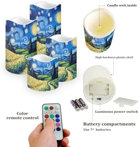 Flameless Candles with Remote Van Gogh Starry Night Flickering Battery Operated Candles with Timer Waterproof Real Wax LED Pillar Candles for Holiday Party Decor Set of 4 - Image 3