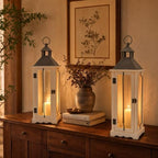 Bdor 26 Inch White Wooden Decorative Lanterns with LED Candles Set of 2 - Image 2