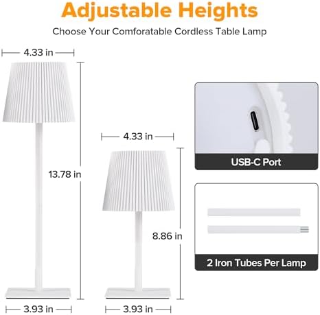 LUTEC 2 Pack Cordless Table Lamp,6000mAh Rechargeable Battery Operated Desk Lamp,Two Adjustable Heights,Waterproof, Touch Control & 3 Color Stepless Dimming for Restaurant/Bedroom/Bars/Outdoor (White) - Image 5