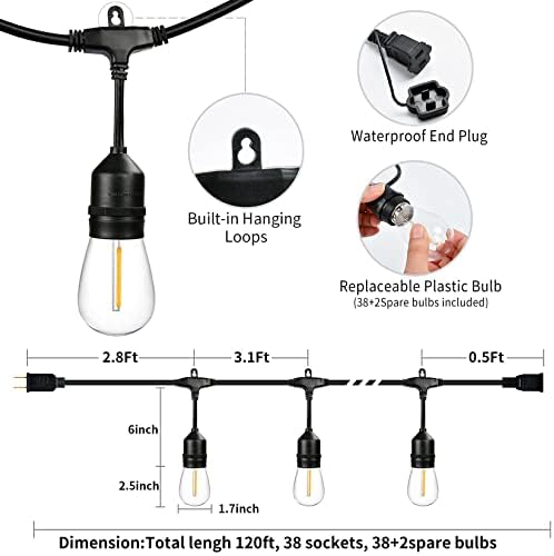 120FT Outdoor String Lights Waterproof with 40 Shatterproof Edison Bulbs - Image 2