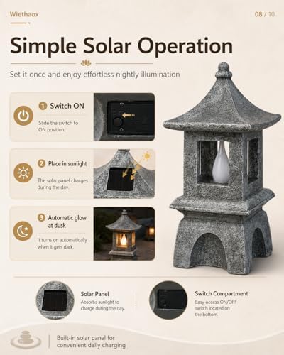 Solar Pagoda Lantern Japanese-Style with LED Flickering Flame Light, Zen Garden Statue Waterproof Resin Stone Finish Outdoor Decorations for Patio Yard Lawn, Housewarming Gifts for Mom Women - Image 6