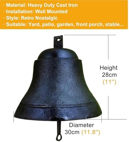 GTPBAO Front Door Iron Cast Hanging Bells, Antique Black Ringing Doorbell, Handcrafted Service Bell for Outdoor Garden Villa Cafe(Bell 30cm/11.8in) - Image 2