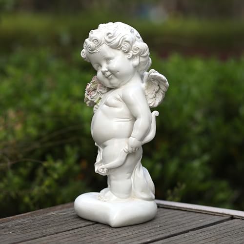 Garden Cupid Angel Statue with Pink Roses, White Cherub Figurine, Outdoor Indoor Decorative Sculpture - Image 5