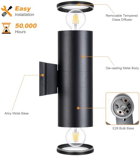 DAKAFUL Outdoor Wall Lights 2-Pack, Modern Cylinder Up and Down Light Fits Standard E26 Bulbs, Waterproof Exterior Wall Sconce for Porch Patio Door, Matte Black - Image 2