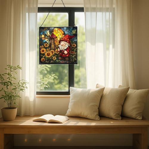Gnome with Windmill Garden Stained Glass Suncatcher – Square Hanging Window Panel for Home or Greenhouse – Whimsical Glass Art Gift for Garden Lovers, Christmas, Halloween, Father Days HML9Z6 - Image 7