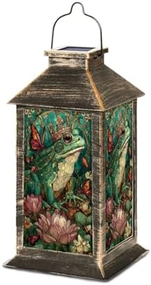 Solar Lantern Stained Glass Frog King Lotus Throne Jewel Crown Outdoor Garden Hanging Lantern Waterproof Solar Powered Lighting Outside Table Lamp for Deck Yard Camping Patio Gifts for Mom by Unknown