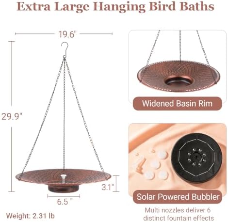 19.6" Large Bird Bath with Solar Fountain, LED & Battery Hanging Birdbath - Image 2
