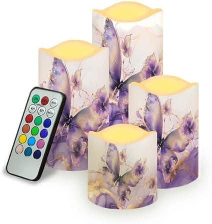 Purple Butterfly Marble Flickering Flameless Candles with Remote LED Pillar Candles Battery Operated with Timer Color Changing Electric Candles Decoration by Uorisanigo