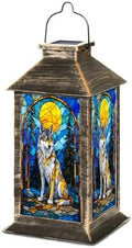 Solar Lantern Wolf Stained Glass Golden Moon Forest Pines Blue Mosaic Wildlife Art Outdoor Waterproof Hanging Solar Light Outside Lights for Patio Yard House Lawn Decor Birthday Gifts for Women Mom by Unknown