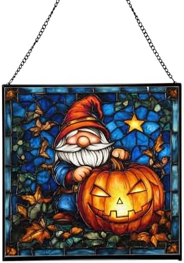 Gnome Pumpkin Lantern Stained Glass Suncatcher – Square Hanging Window Panel for Home or Greenhouse – Whimsical Glass Art Gift for Garden Lovers, Christmas, Halloween, Father Days WY9zHS by Custom