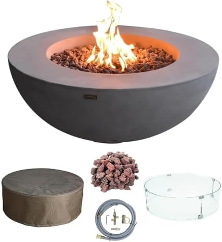 Elementi Lunar Bowl Cast Concrete Fire Table, Outdoor Fire Pit Fire TablePatio Furniture, Light Gray (Natural Gas) by AMSFireplaceInc