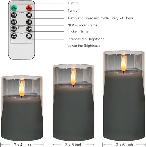 Grey Glass Flameless Candles Real Wax LED Pillar Candles Set of 3 - Image 4