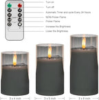Grey Glass Flameless Candles Real Wax LED Pillar Candles Set of 3 - Image 4