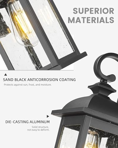 FEMILA Exterior Wall Sconce, 2 Packs Outdoor Waterproof Wall Lights Fixture, E26 Socket Wall Lantern for Porch, Anti-Rust Matte Black Finish with Seeded Glass Lampshade, 4FD54B-2PK BK - Image 4